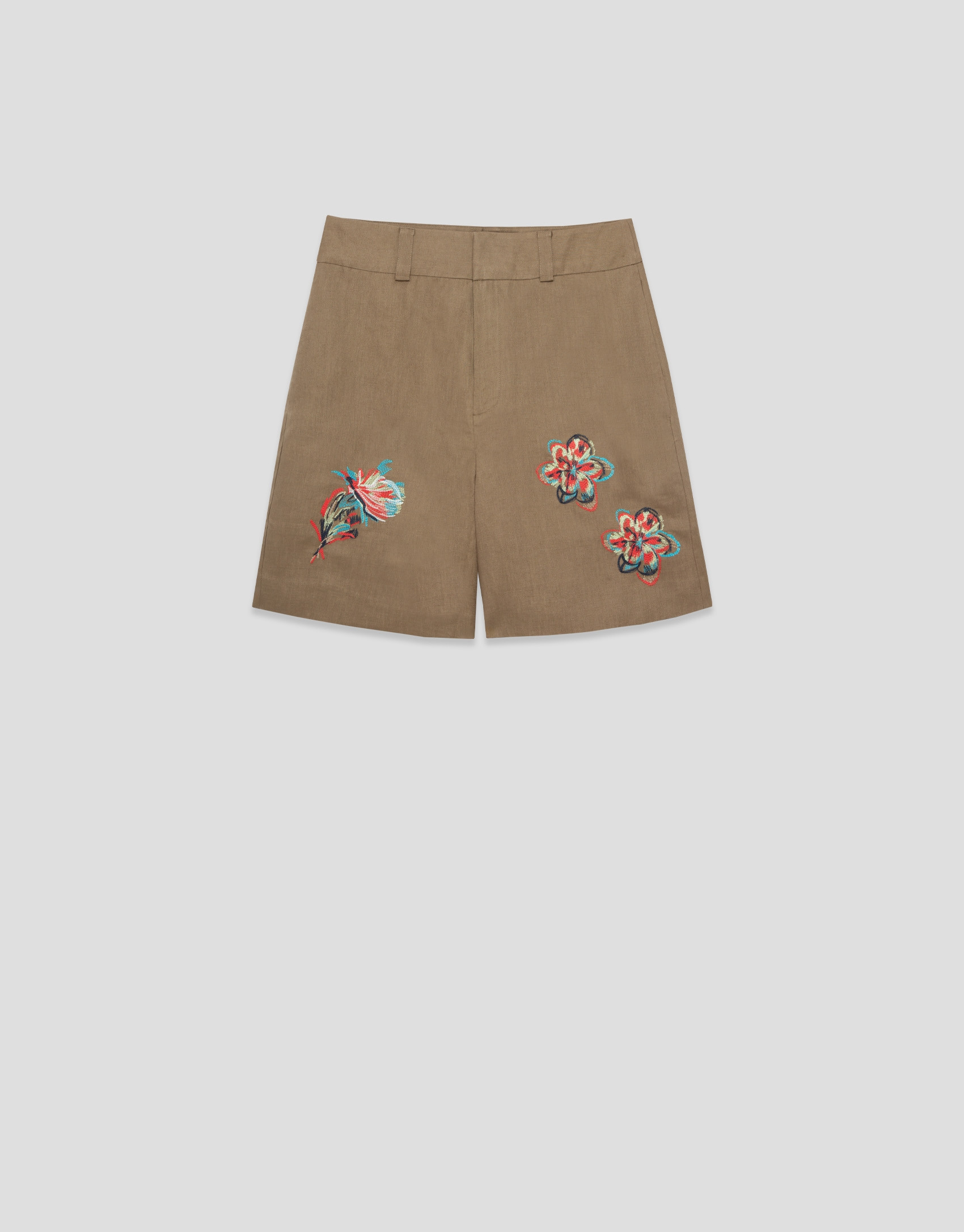 Camel linen Bermuda shorts with floral ... | Roberto Verino