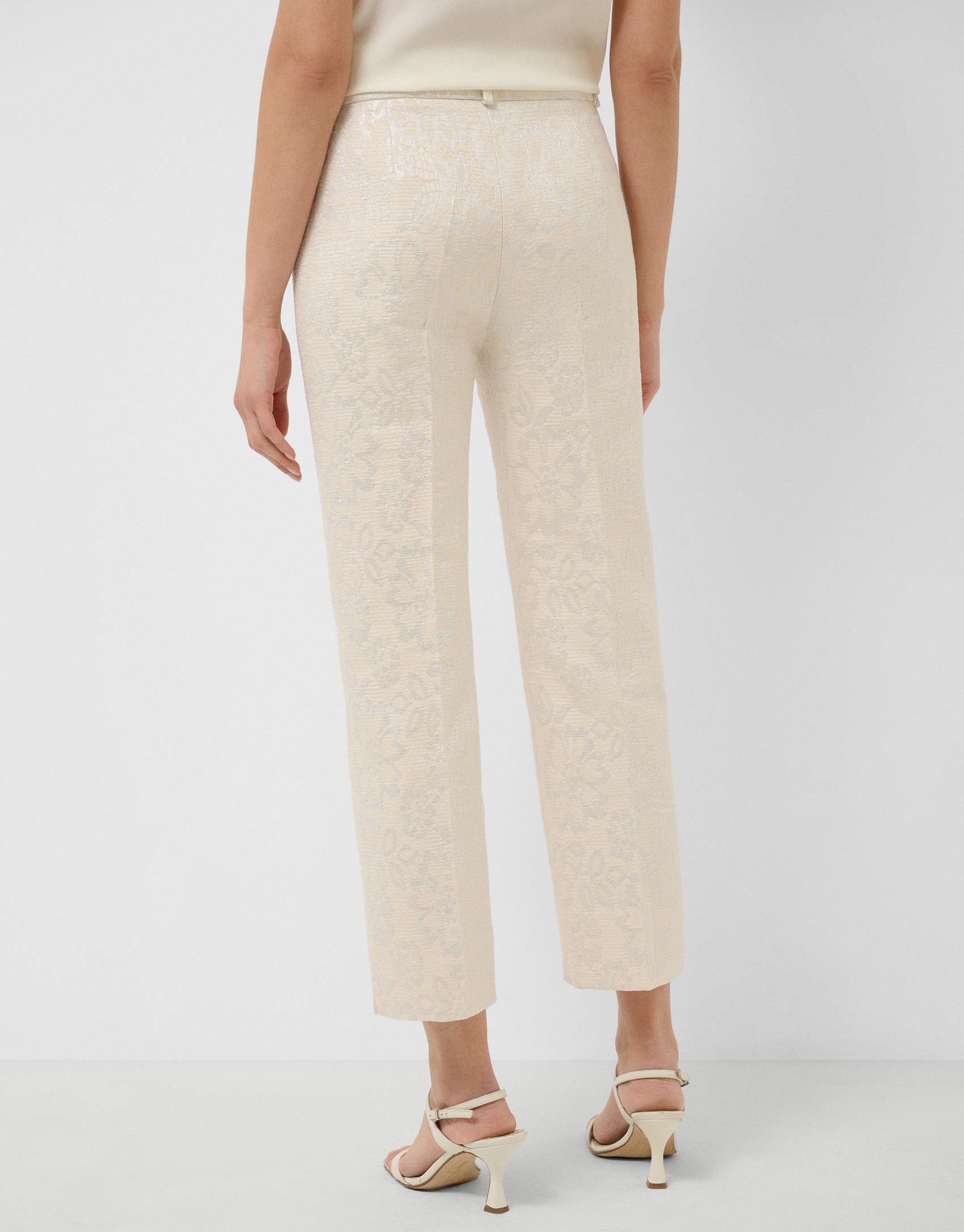 Beige straight-leg trousers with floral ... | Roberto Verino