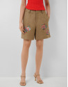 Camel linen Bermuda shorts with floral ... | Roberto Verino
