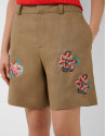 Camel linen Bermuda shorts with floral ... | Roberto Verino