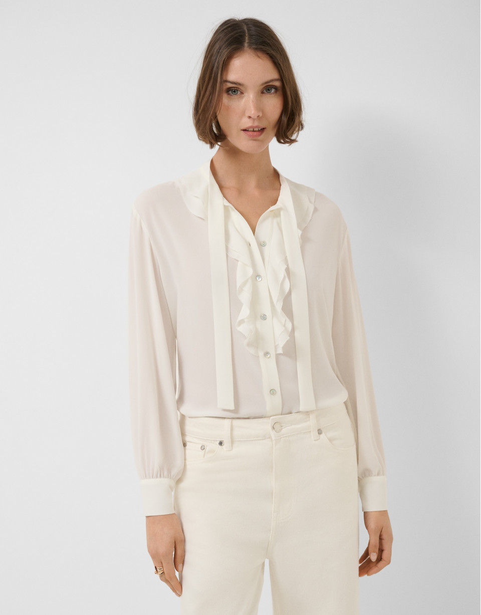 Ecru chiffon blouse with ruffles on the front | Roberto Verino