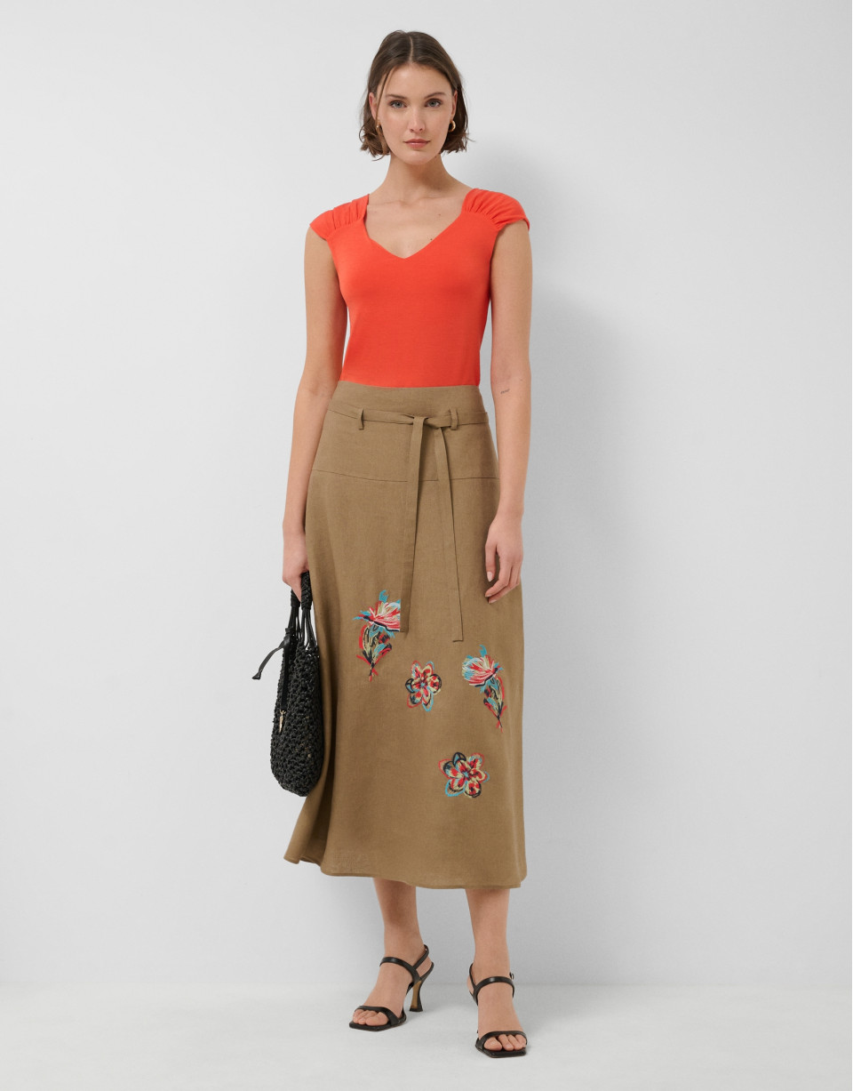 Coral red t-shirt with gathered shoulder | Roberto Verino