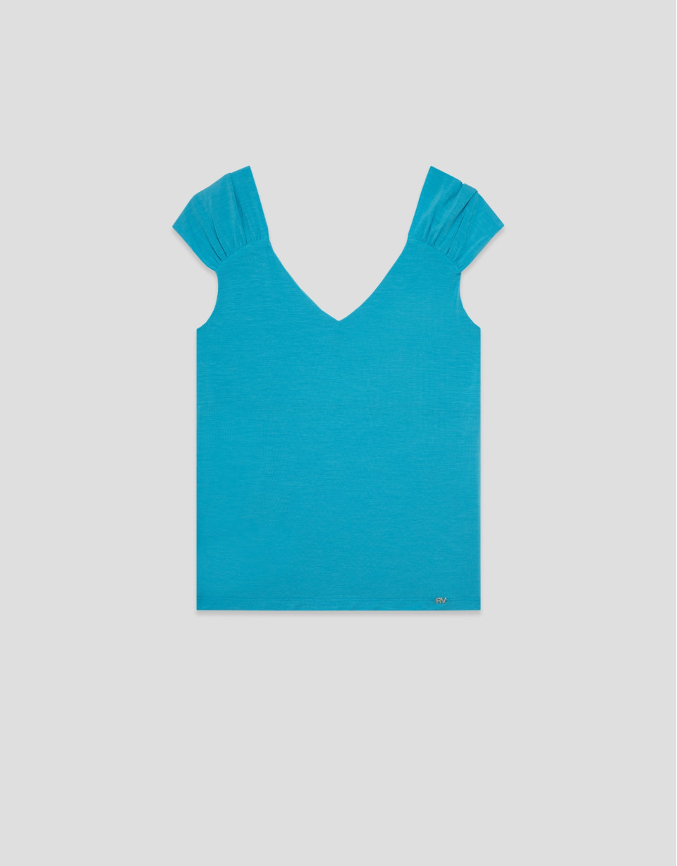 Camiseta hombro fruncido azul turquesa - Mujer | Roberto Verino