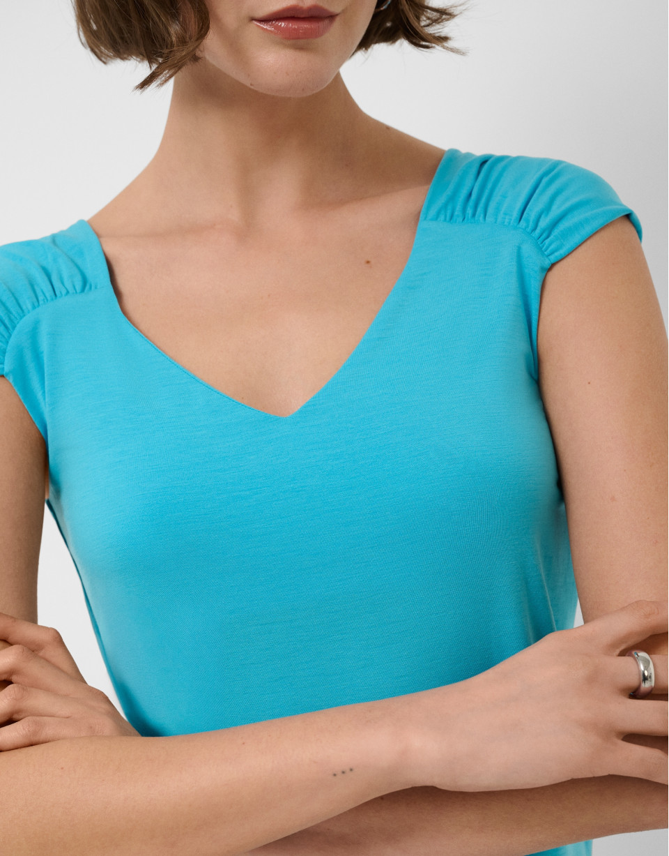 Camiseta hombro fruncido azul turquesa - Mujer | Roberto Verino