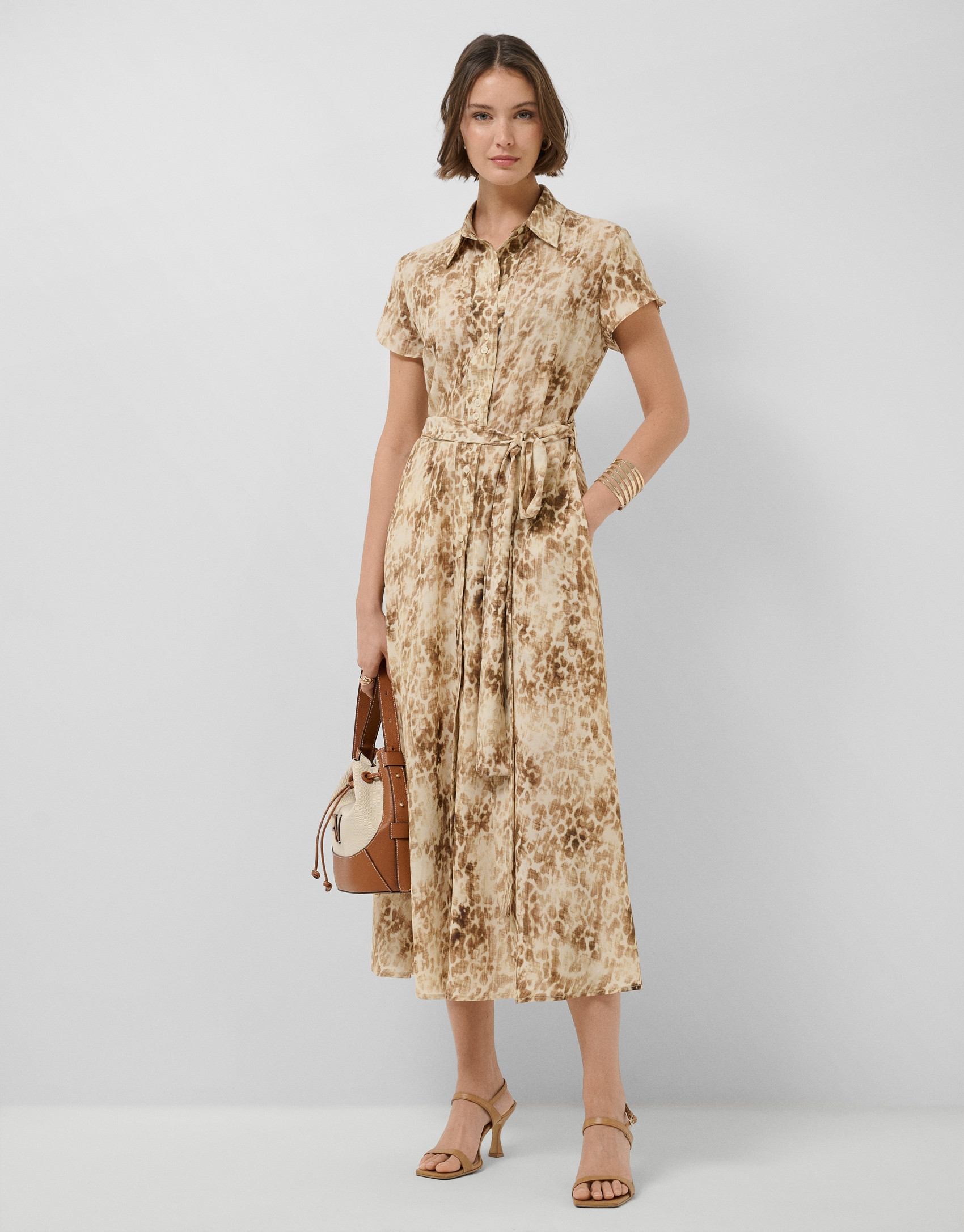 Camel-coloured printed shirt dress - Woman | Roberto Verino
