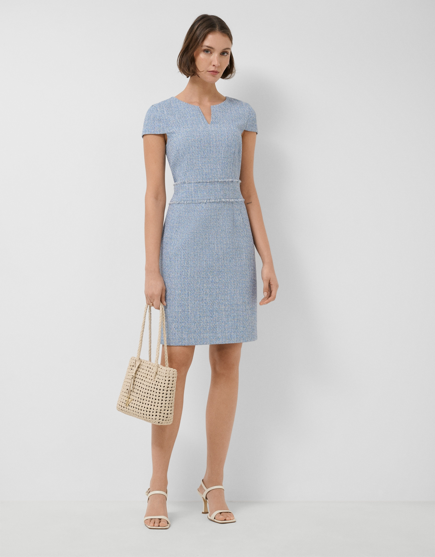 Straight dress with short sleeves in blue tweed | Roberto Verino
