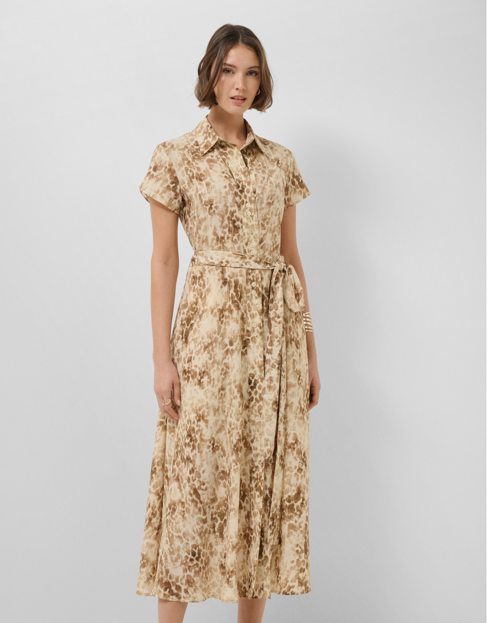 Camel-coloured printed shirt dress - Woman | Roberto Verino