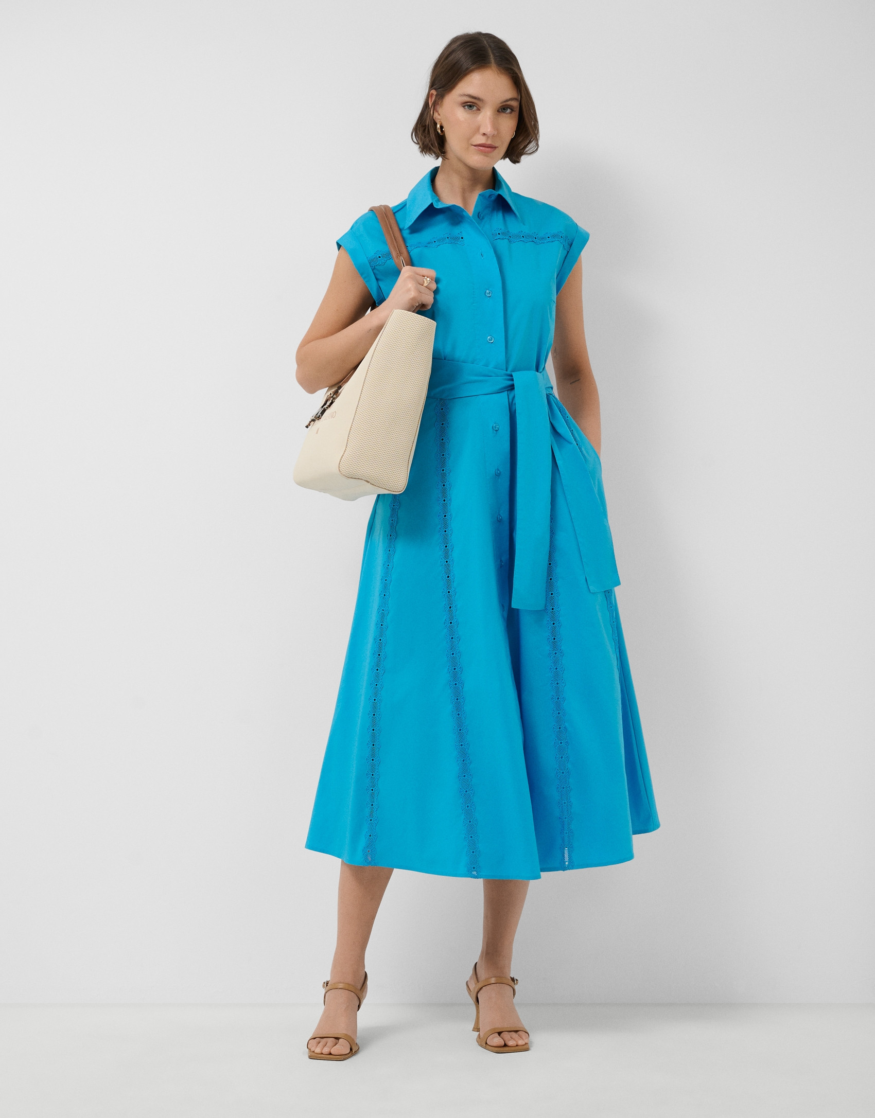 Vestido midi camisero azul con tiras de encaje | Roberto Verino
