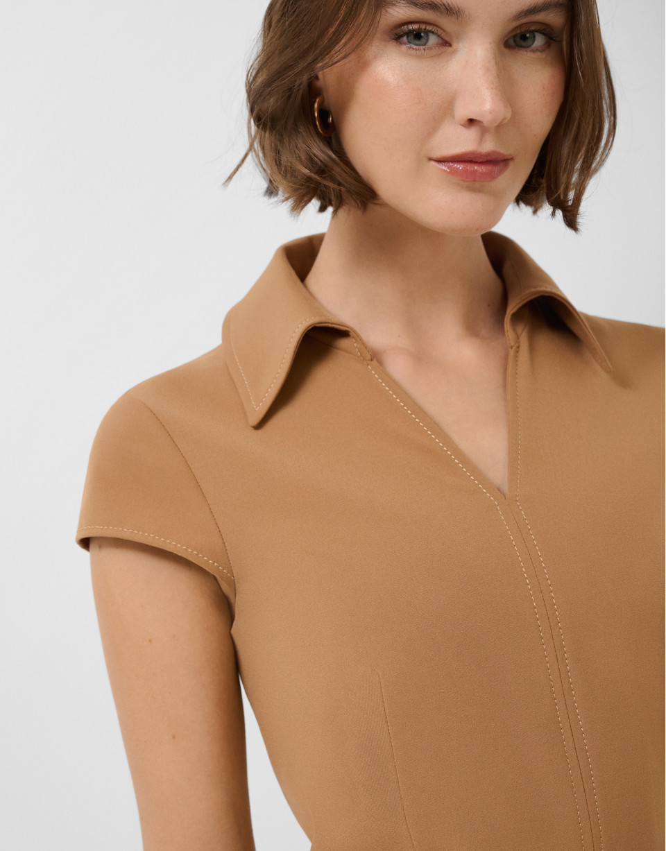 Sleeveless camel dress with V-neck - Woman | Roberto Verino