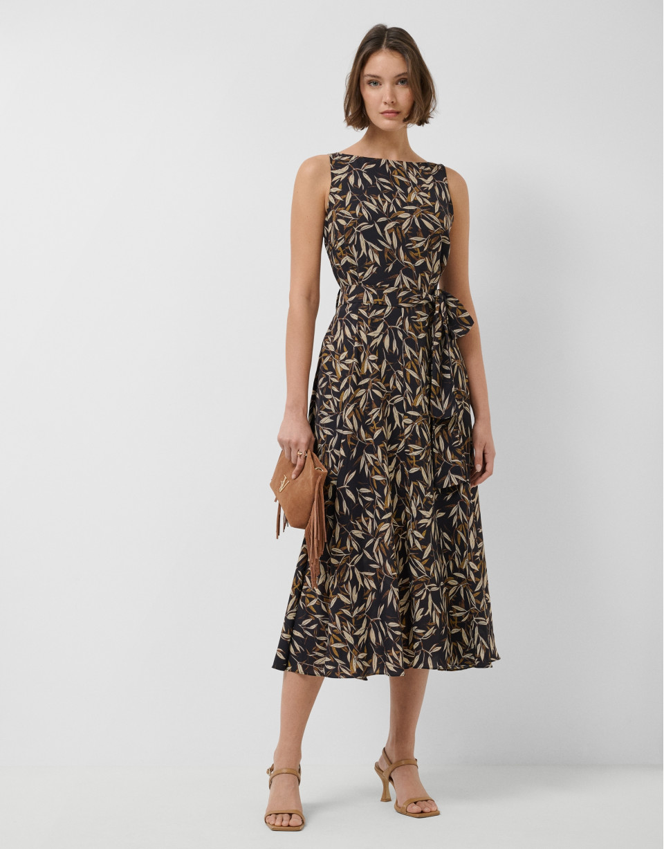 Brown leaf print crepe sleeveless dress - Woman | Roberto Verino