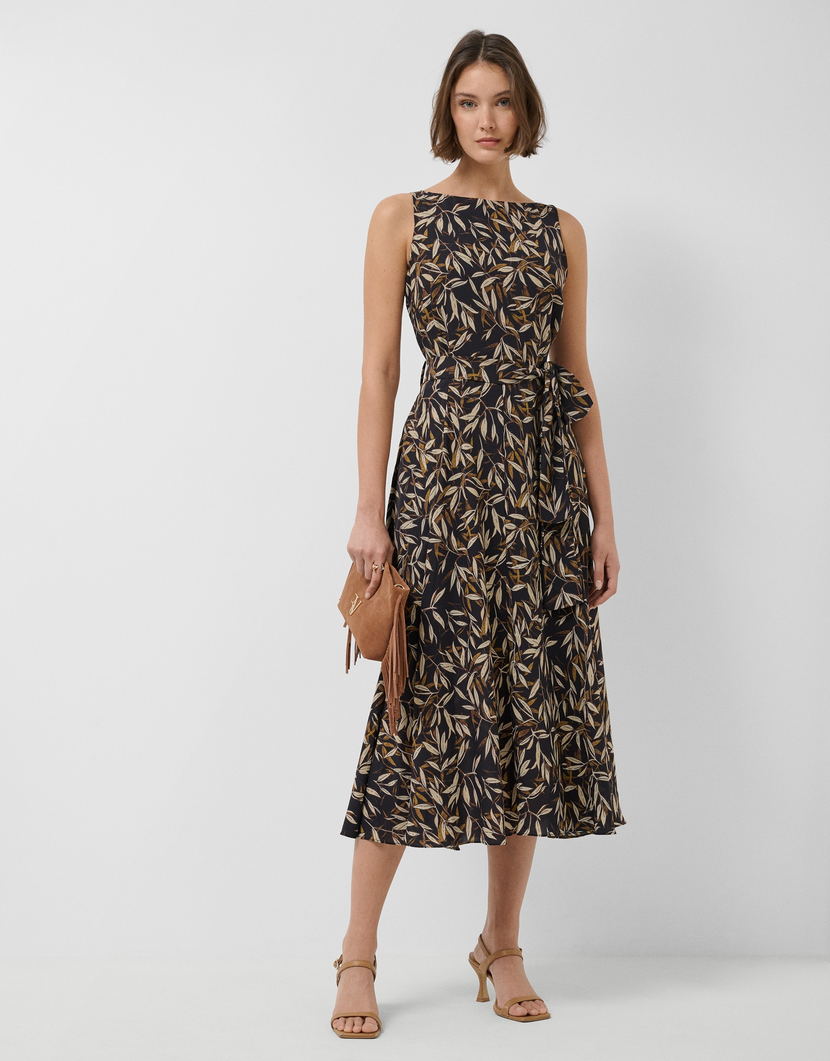 Brown leaf print crepe sleeveless dress - Woman | Roberto Verino