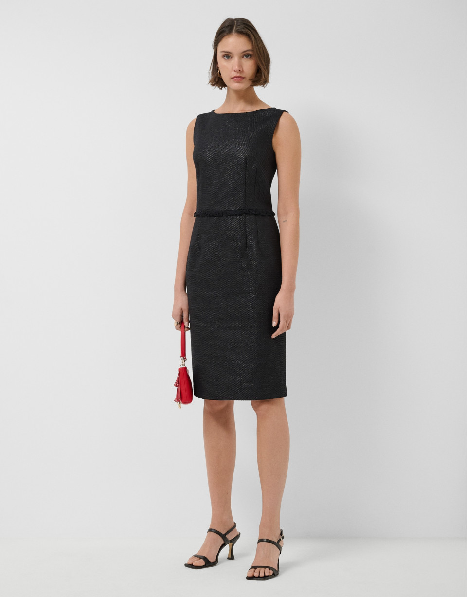 Straight sleeveless dress in black weave fabric | Roberto Verino