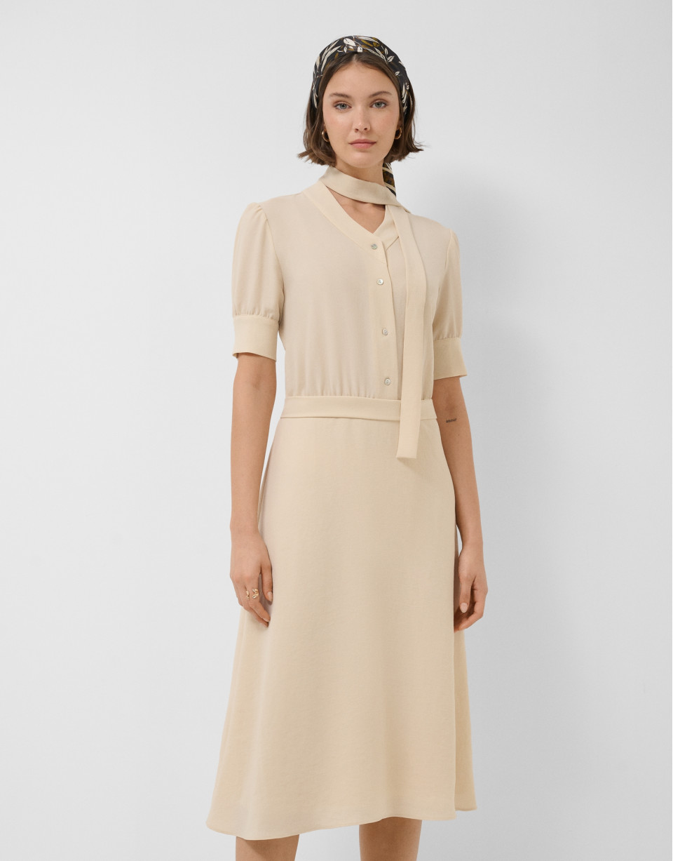 Vestido midi manga tres cuartos beige - Mujer | Roberto Verino