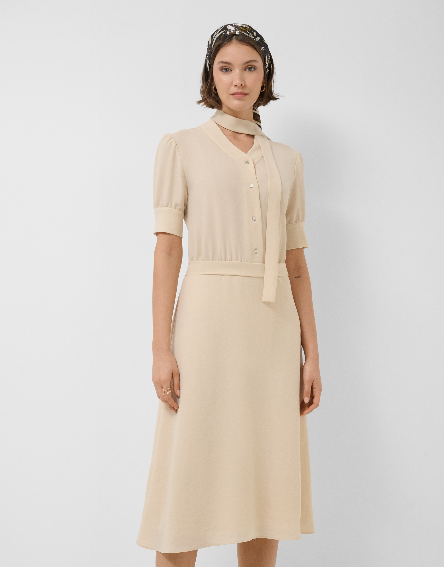 Vestido midi manga tres cuartos beige - Mujer | Roberto Verino
