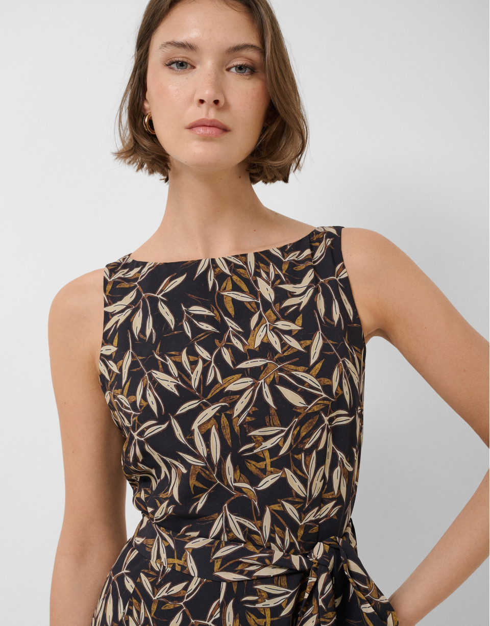 Brown leaf print crepe sleeveless dress - Woman | Roberto Verino