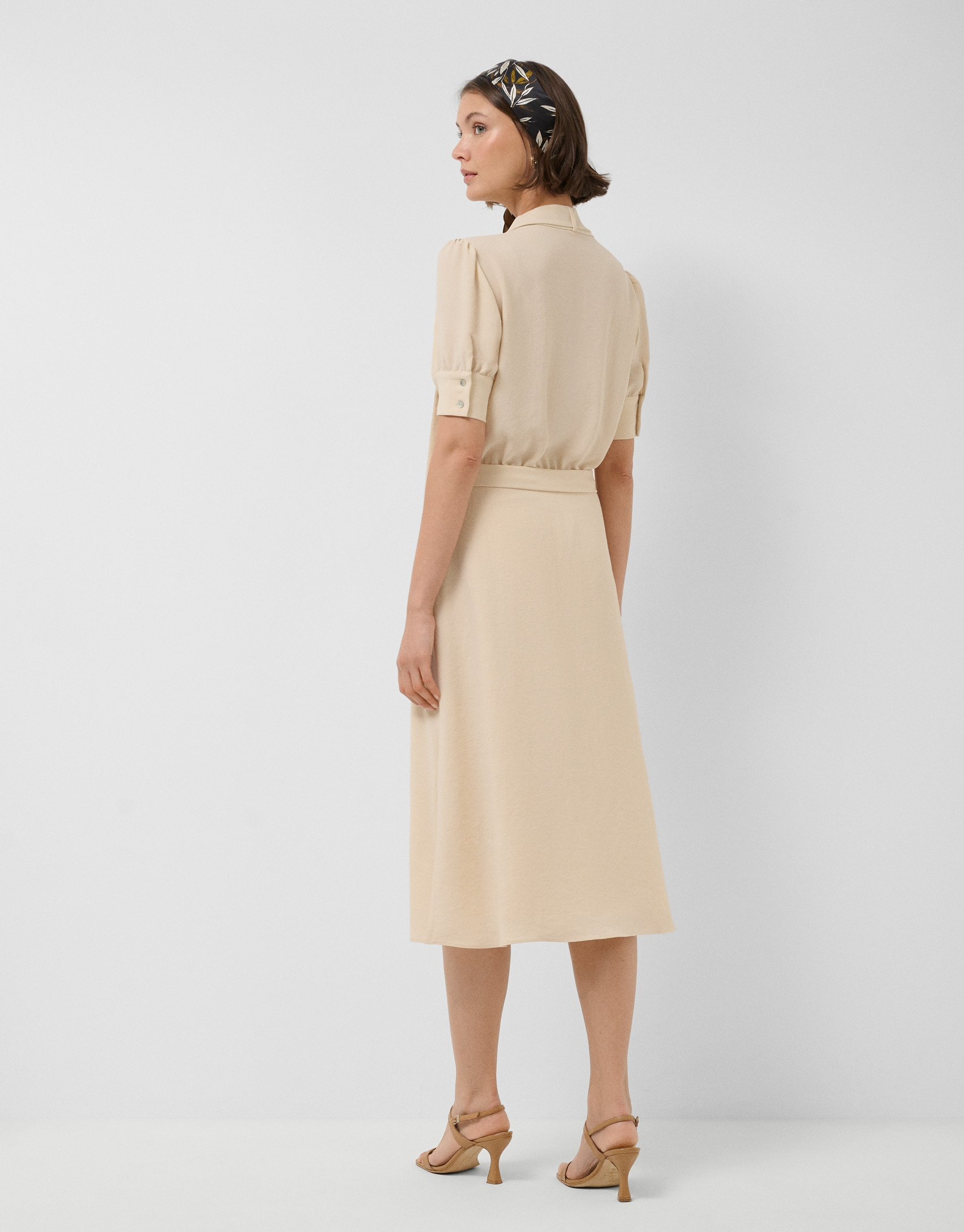 Vestido midi manga tres cuartos beige - Mujer | Roberto Verino