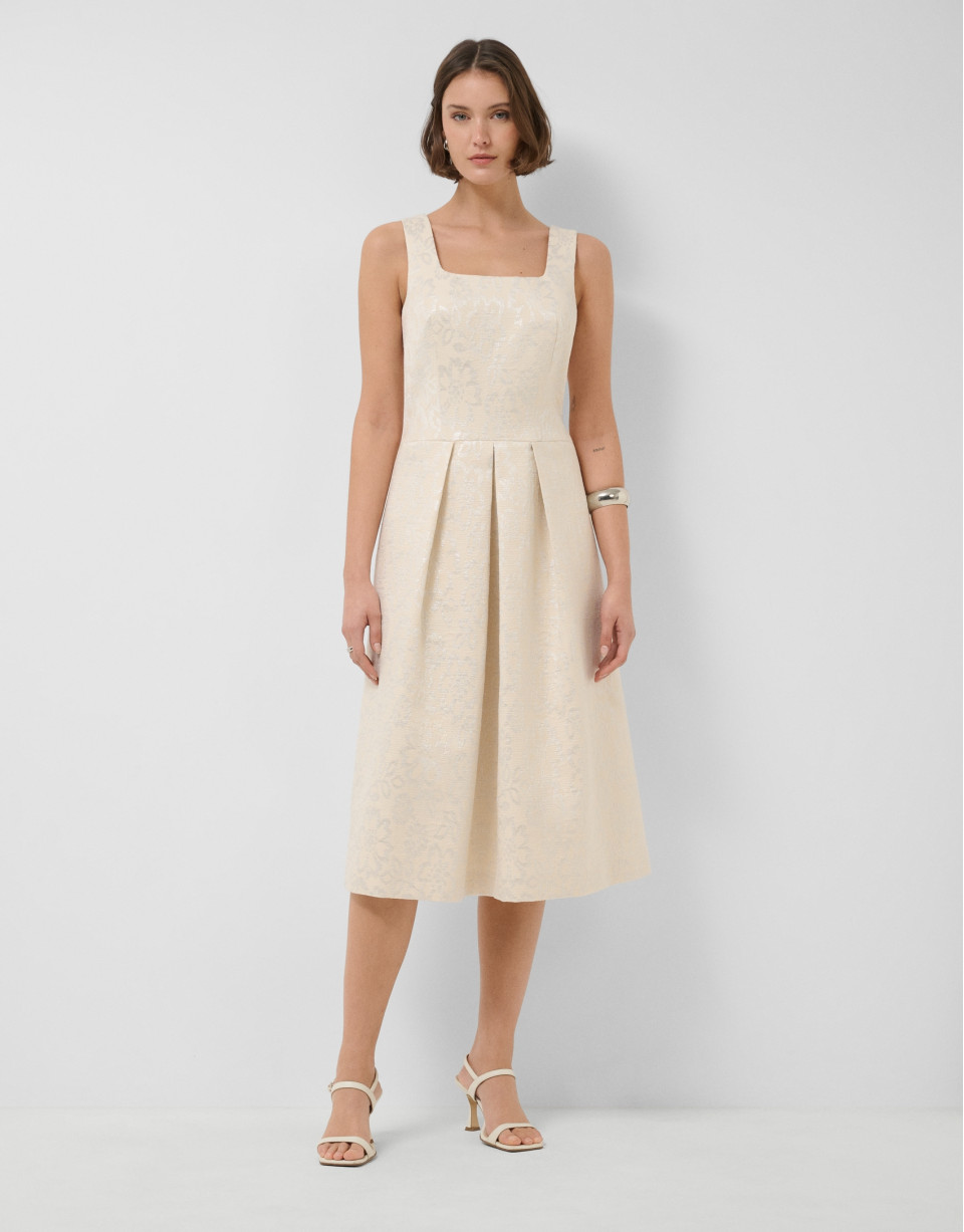 Beige floral jacquard dress with silver ... | Roberto Verino