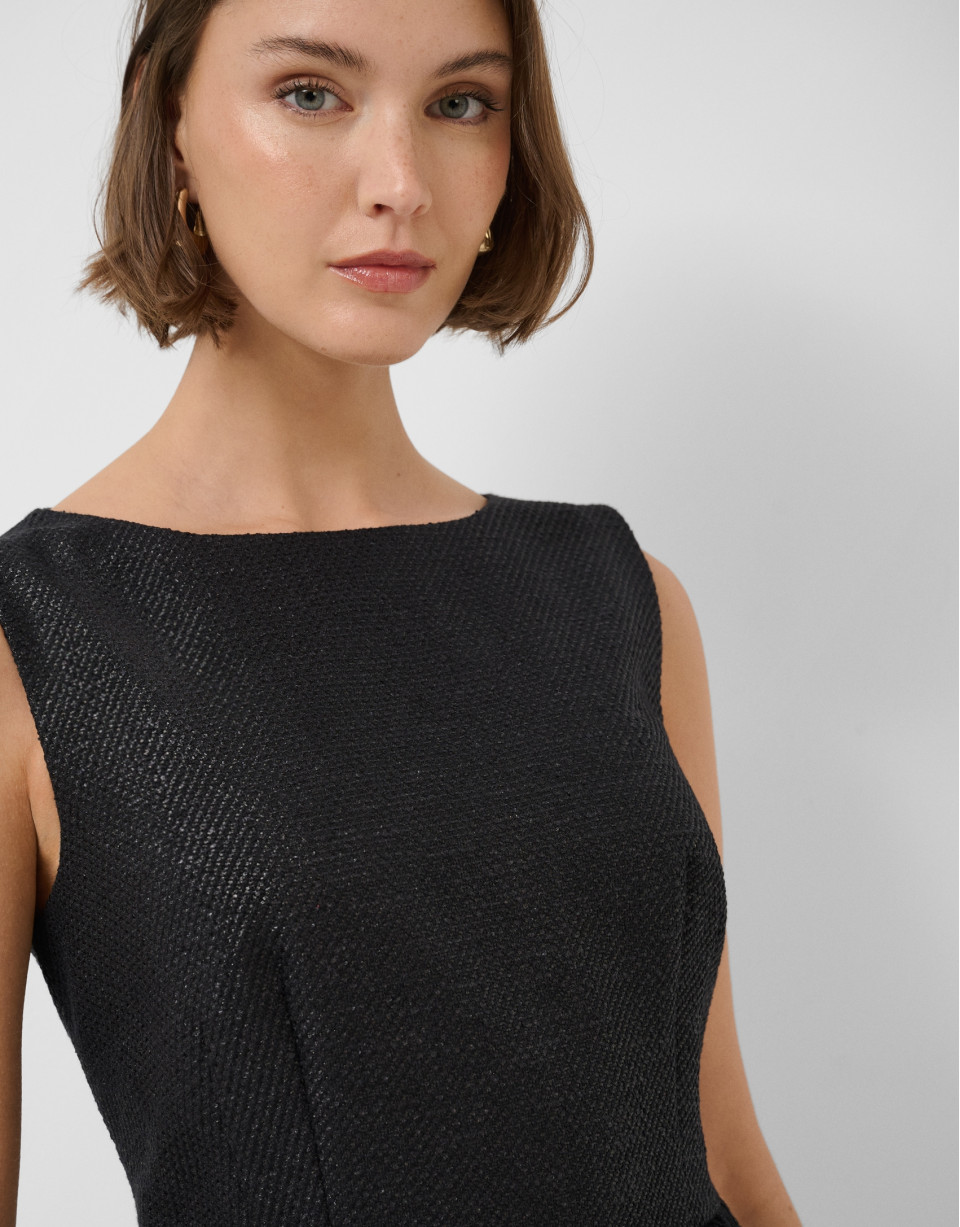 Straight sleeveless dress in black weave fabric | Roberto Verino