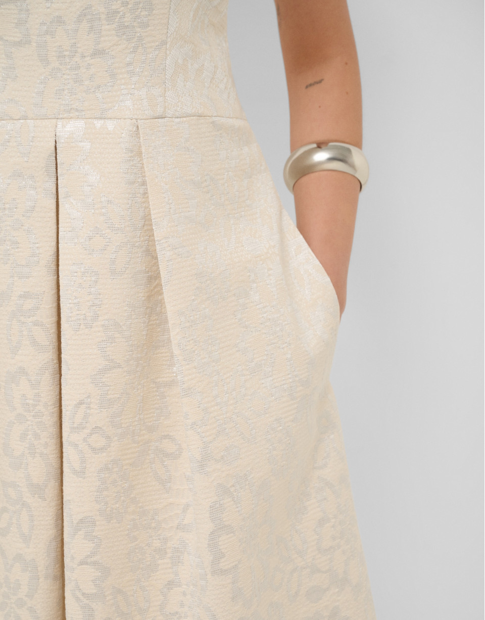 Beige floral jacquard dress with silver ... | Roberto Verino