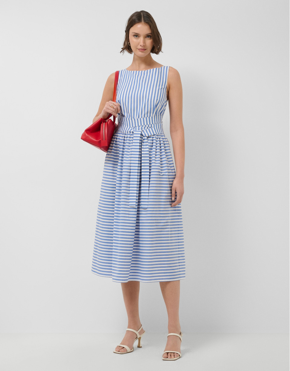 White cotton cross-strap dress with blue stripes | Roberto Verino