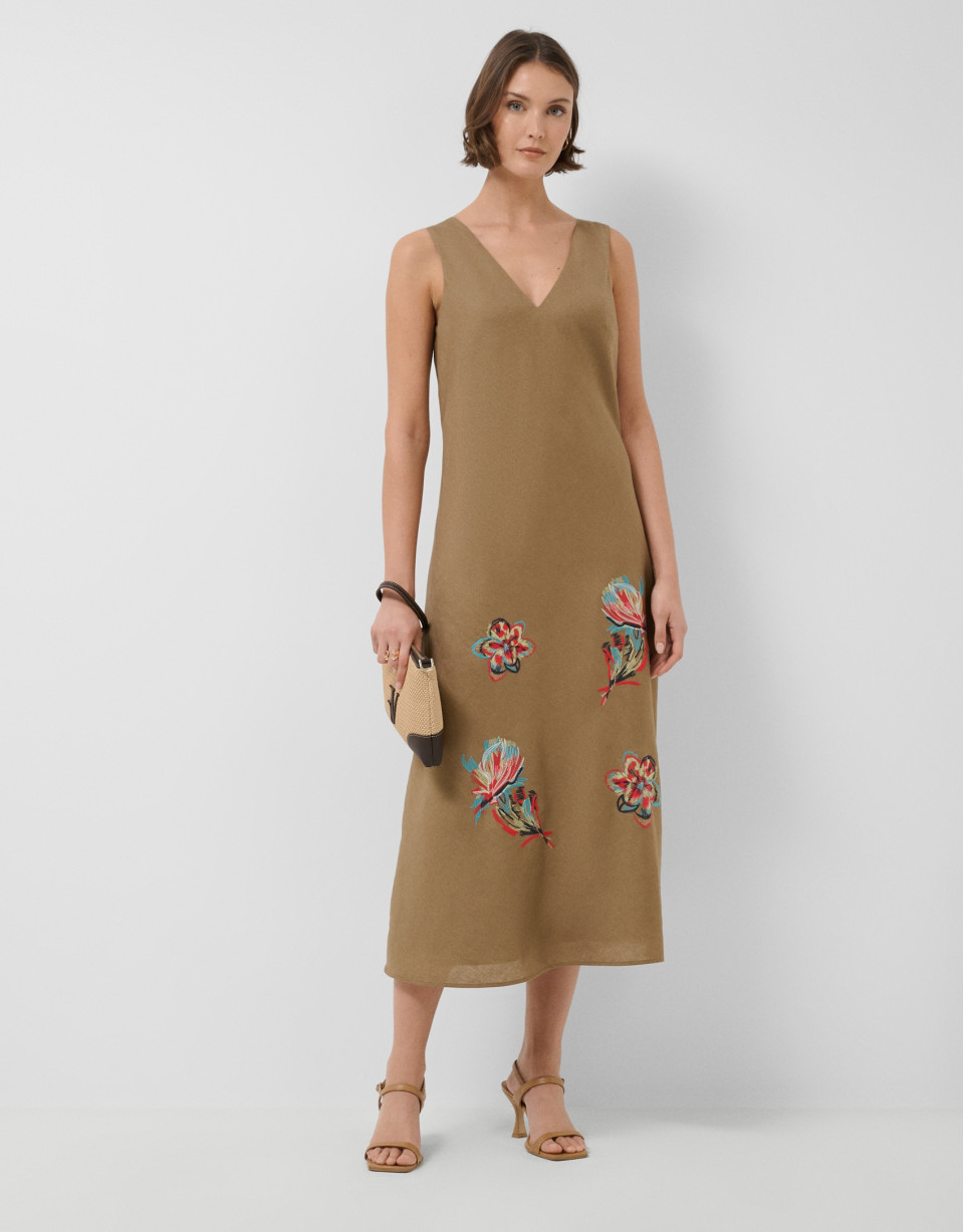 Camel linen sleeveless dress with floral ... | Roberto Verino