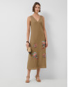 Camel linen sleeveless dress with floral ... | Roberto Verino