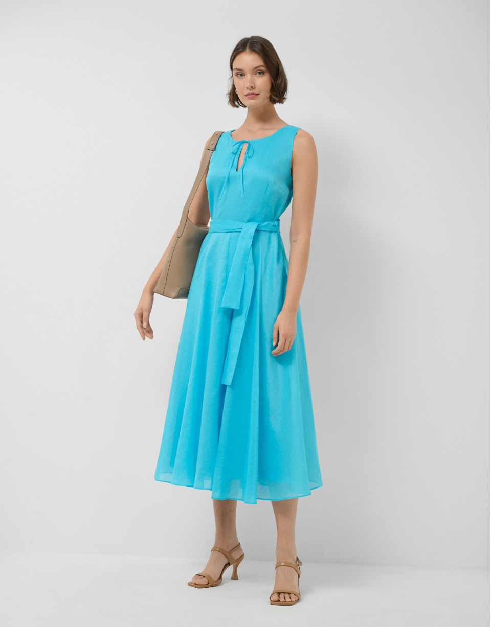 Turquoise blue ramie sleeveless midi dress | Roberto Verino
