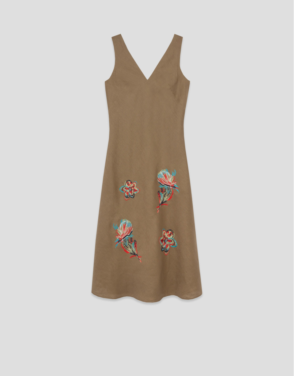 Vestido sin mangas lino cámel con bordado floral | Roberto Verino