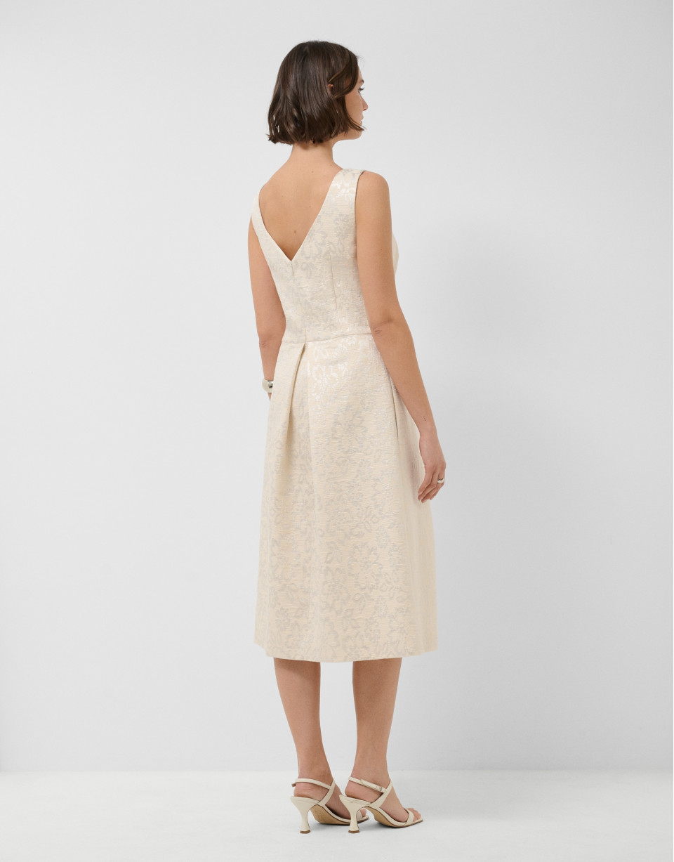 Beige floral jacquard dress with silver ... | Roberto Verino