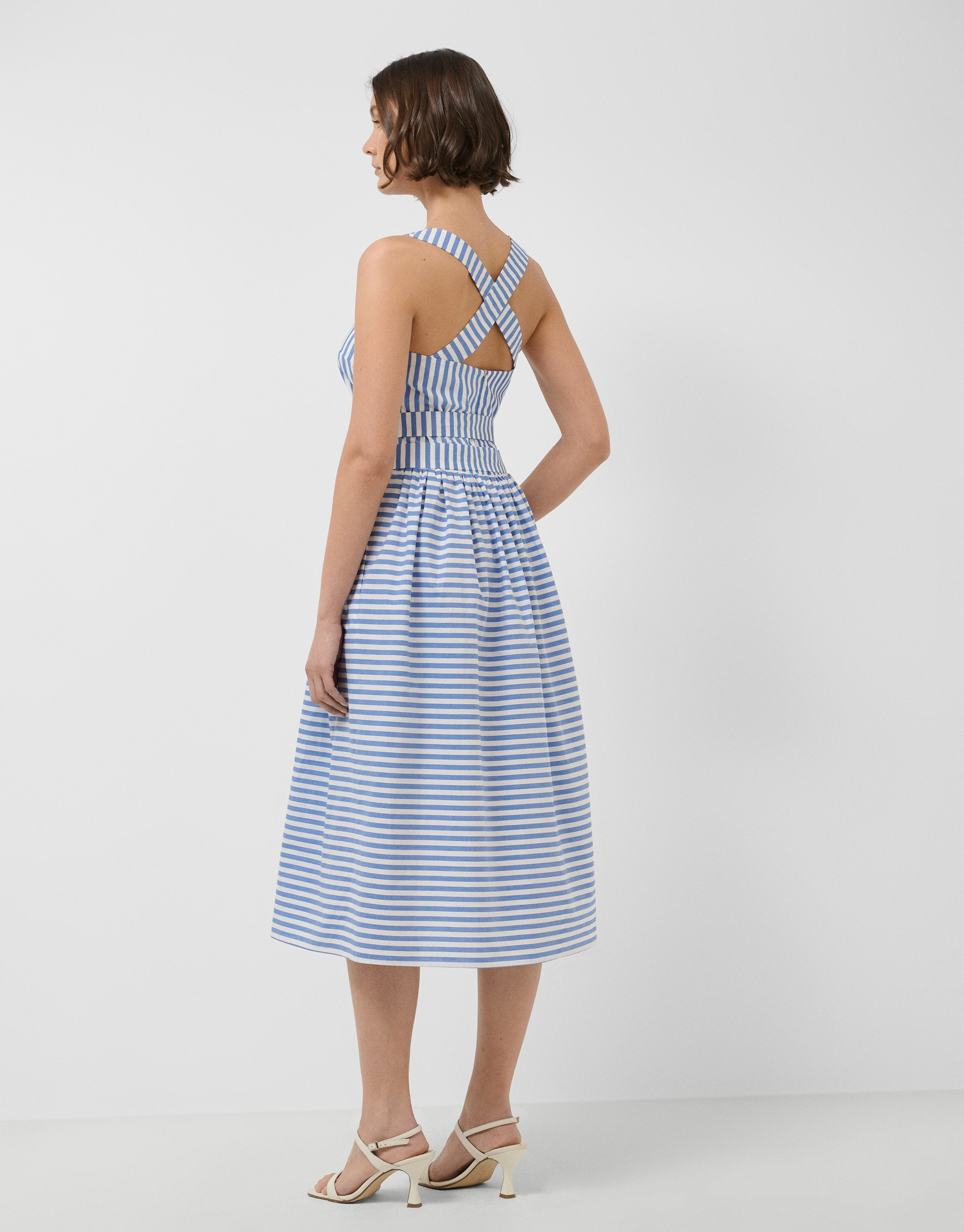 White cotton cross-strap dress with blue stripes | Roberto Verino