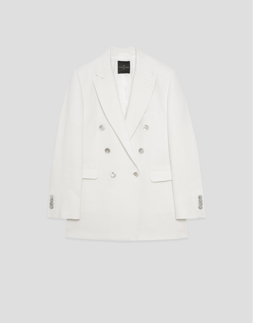 Off-white linen blend double-breasted jacket | Roberto Verino
