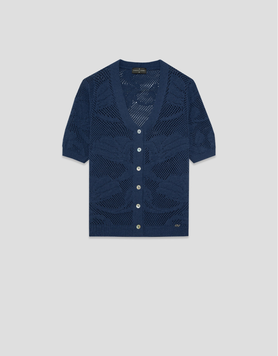 Short-sleeved jacket with navy blue floral ... | Roberto Verino