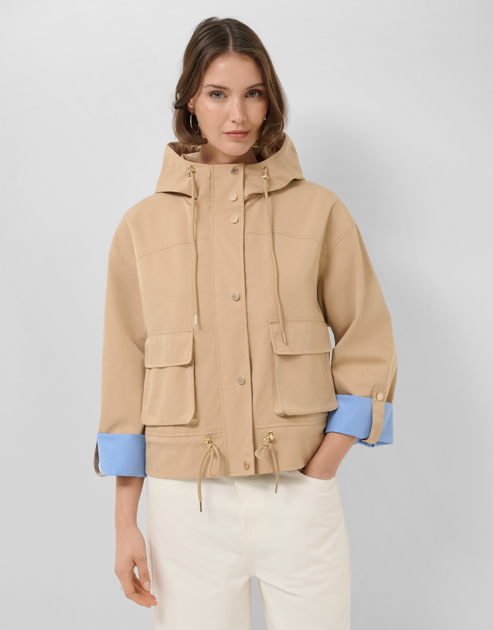 Camel technical fabric jacket with blue interior | Roberto Verino