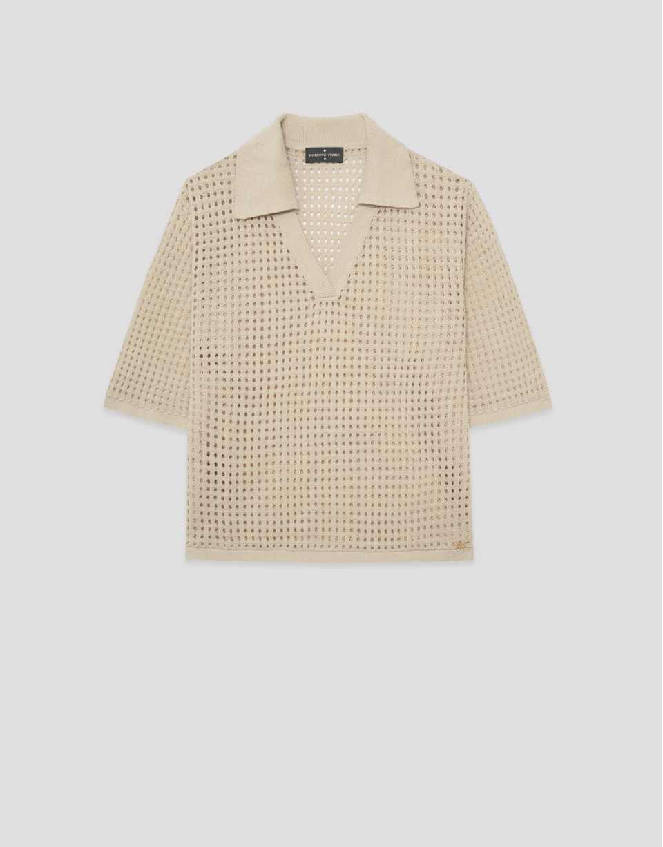 Camel openwork polo jumper - Woman - SS2026 | Roberto Verino