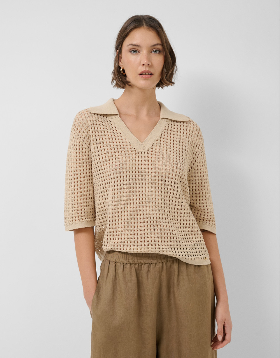 Camel openwork polo jumper - Woman - SS2026 | Roberto Verino
