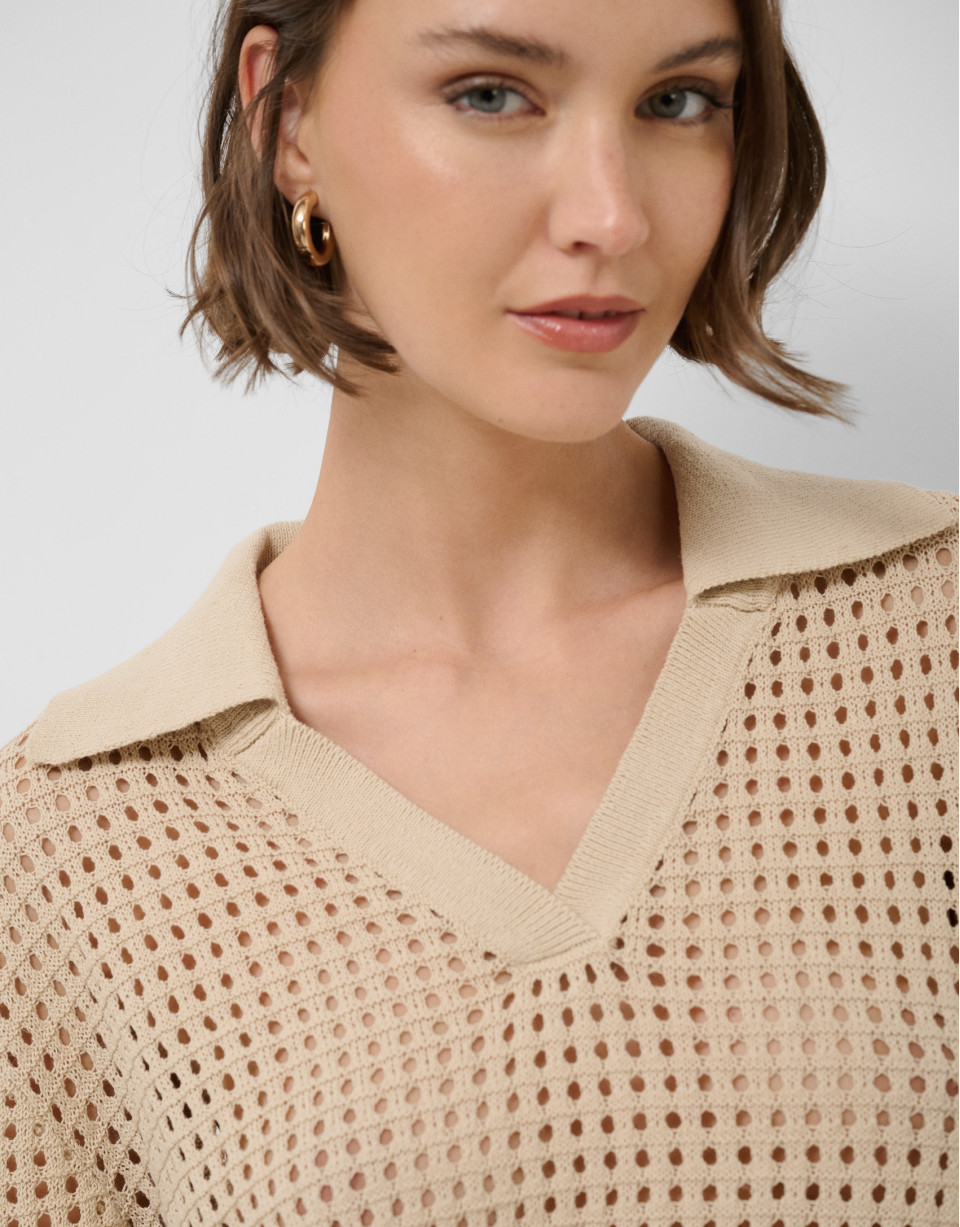Camel openwork polo jumper - Woman - SS2026 | Roberto Verino