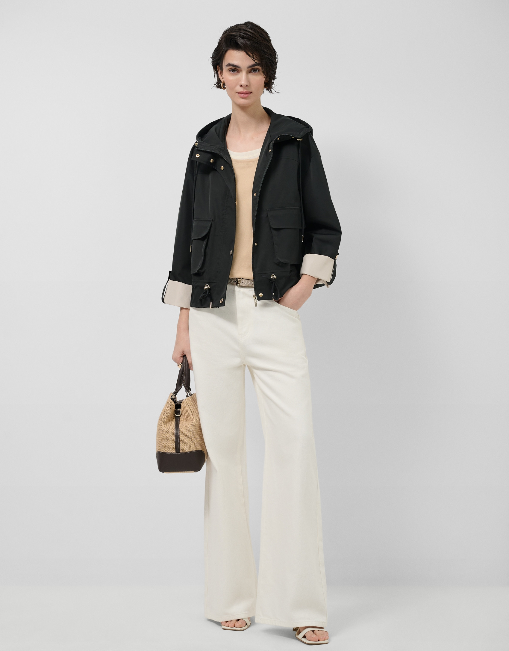 Black technical fabric jacket with camel ... | Roberto Verino