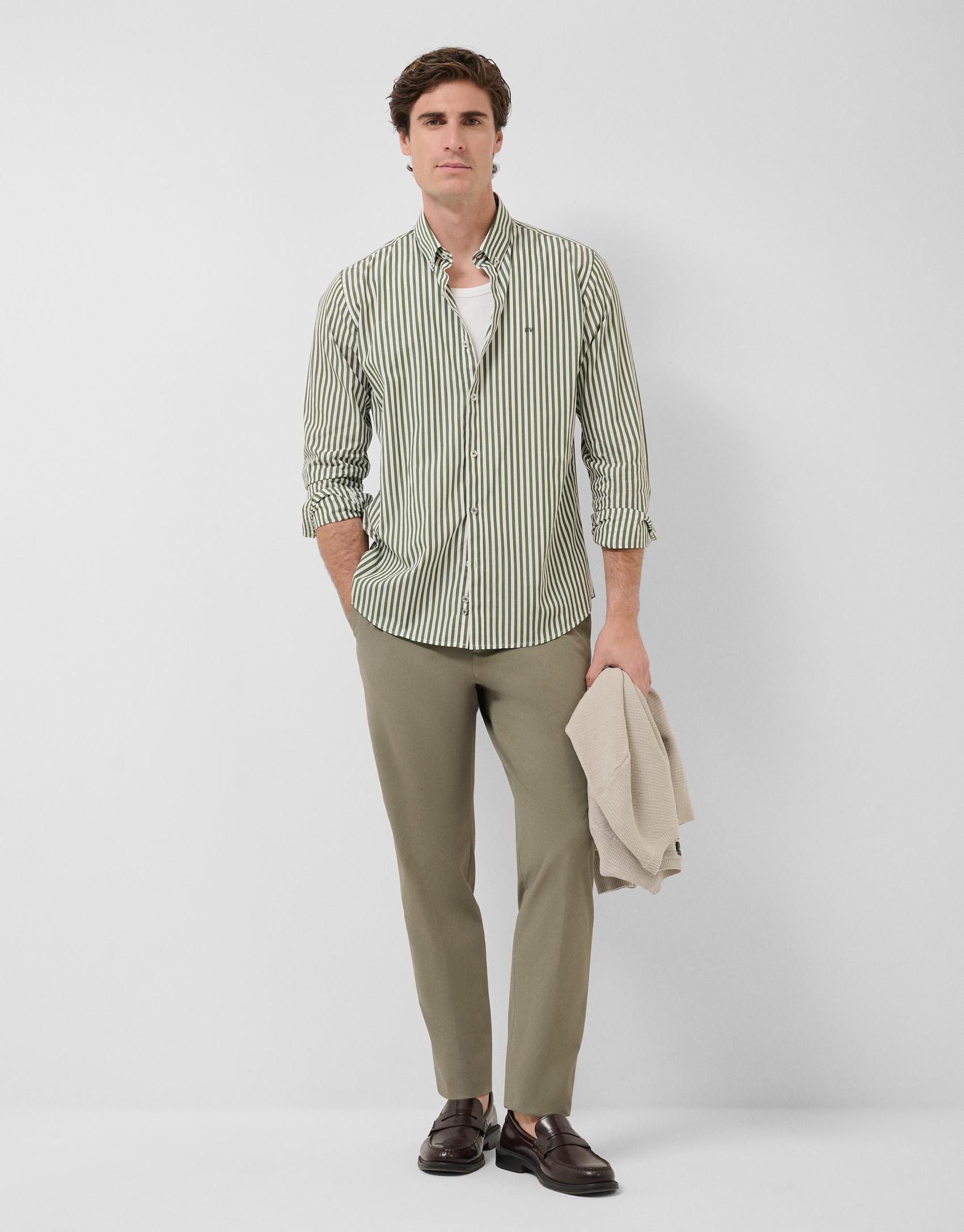 Camisa sport regular rayas blanco y caqui | Roberto Verino