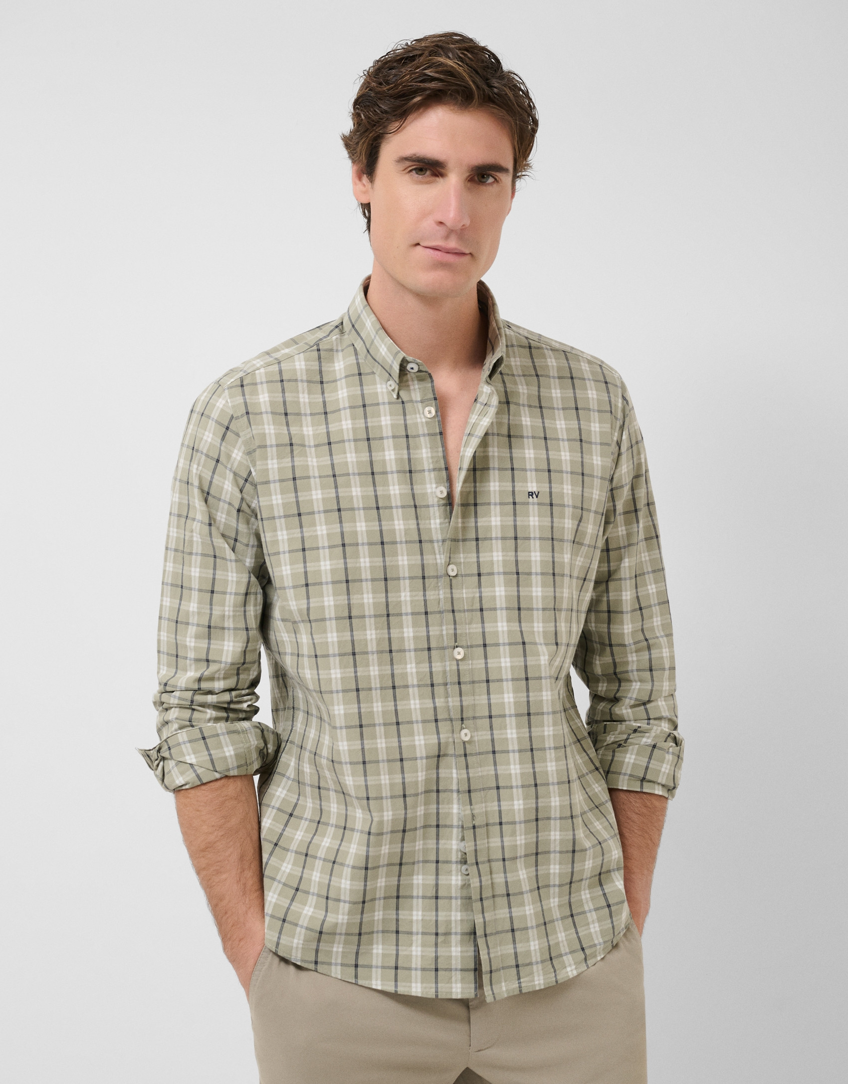 Regular fit khaki checked shirt with navy and... | Roberto Verino