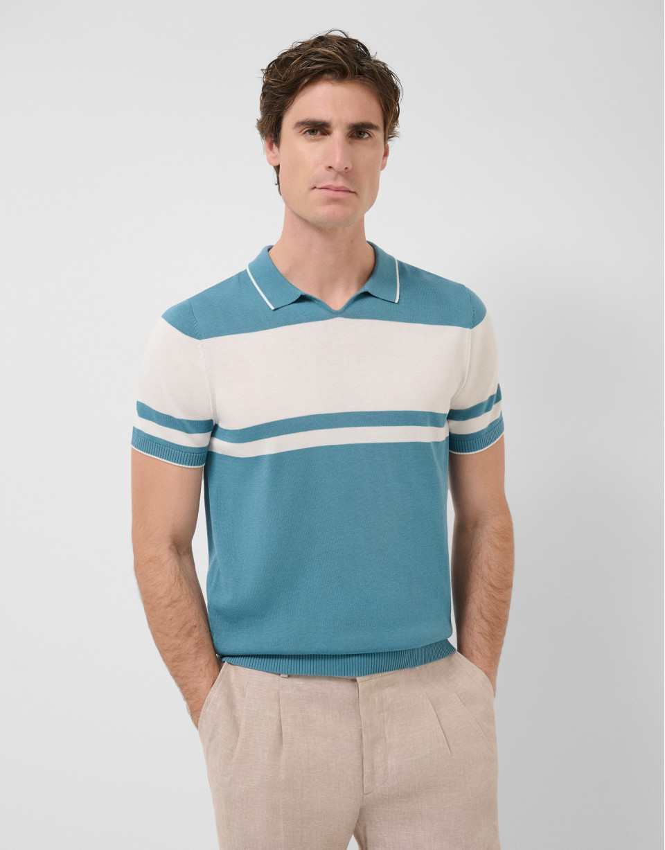 Teal/white striped knitted polo shirt - Man | Roberto Verino