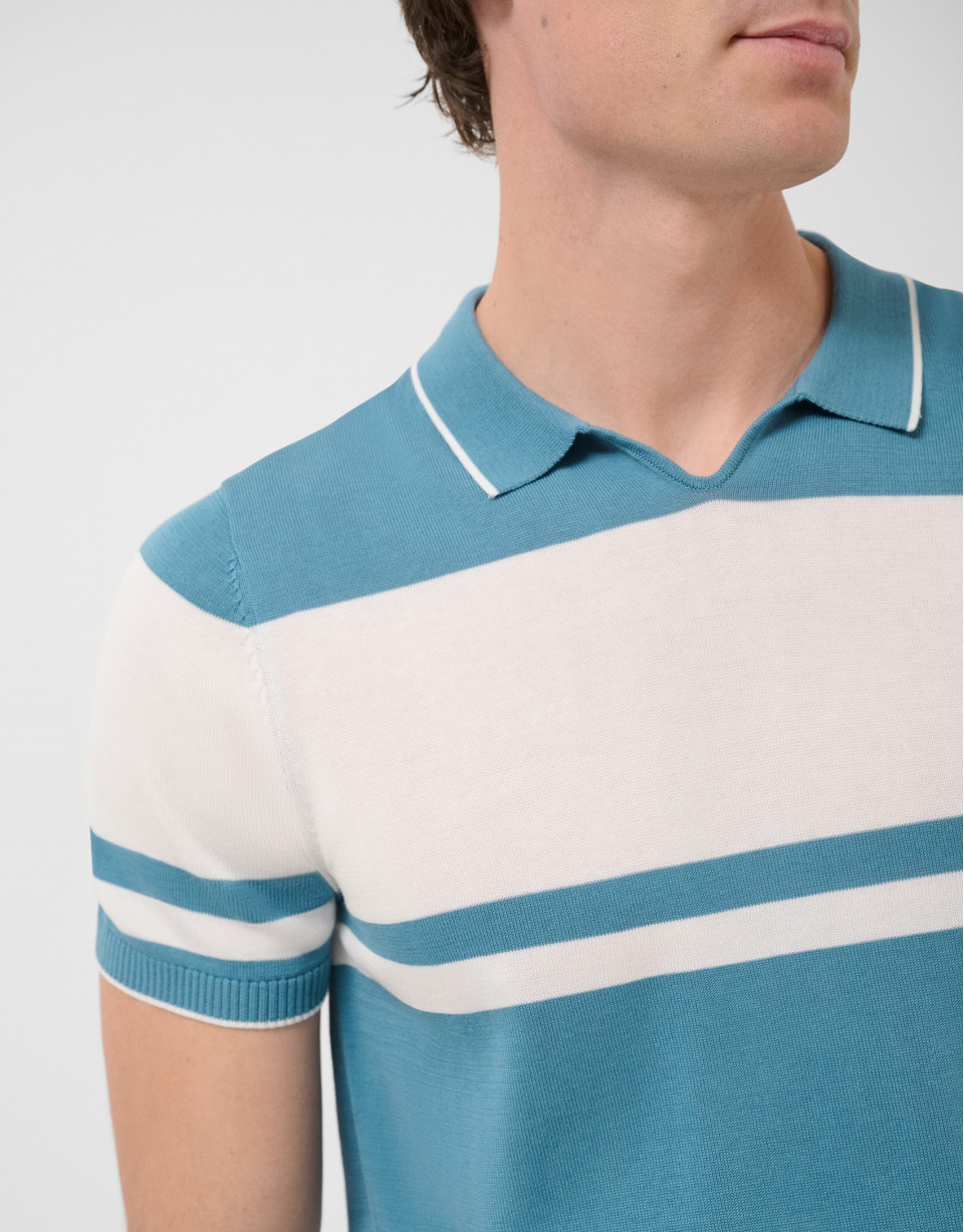 Teal/white striped knitted polo shirt - Man | Roberto Verino