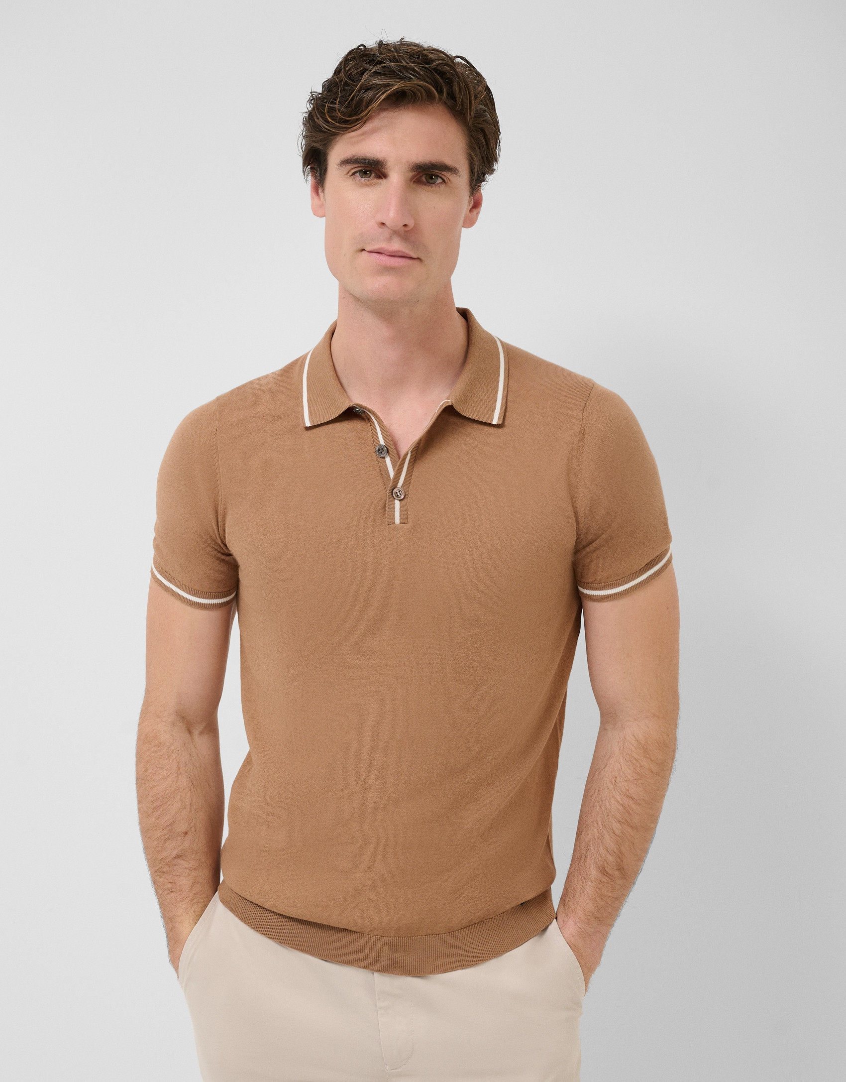 Camel knitted polo shirt - Man - SS2026 | Roberto Verino