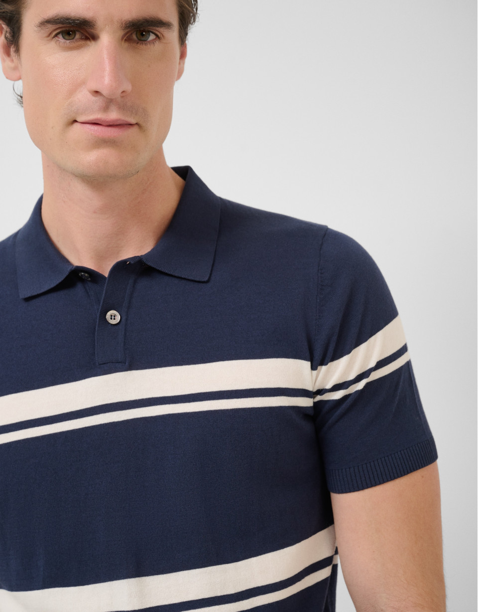High twist navy/white striped knit polo shirt | Roberto Verino