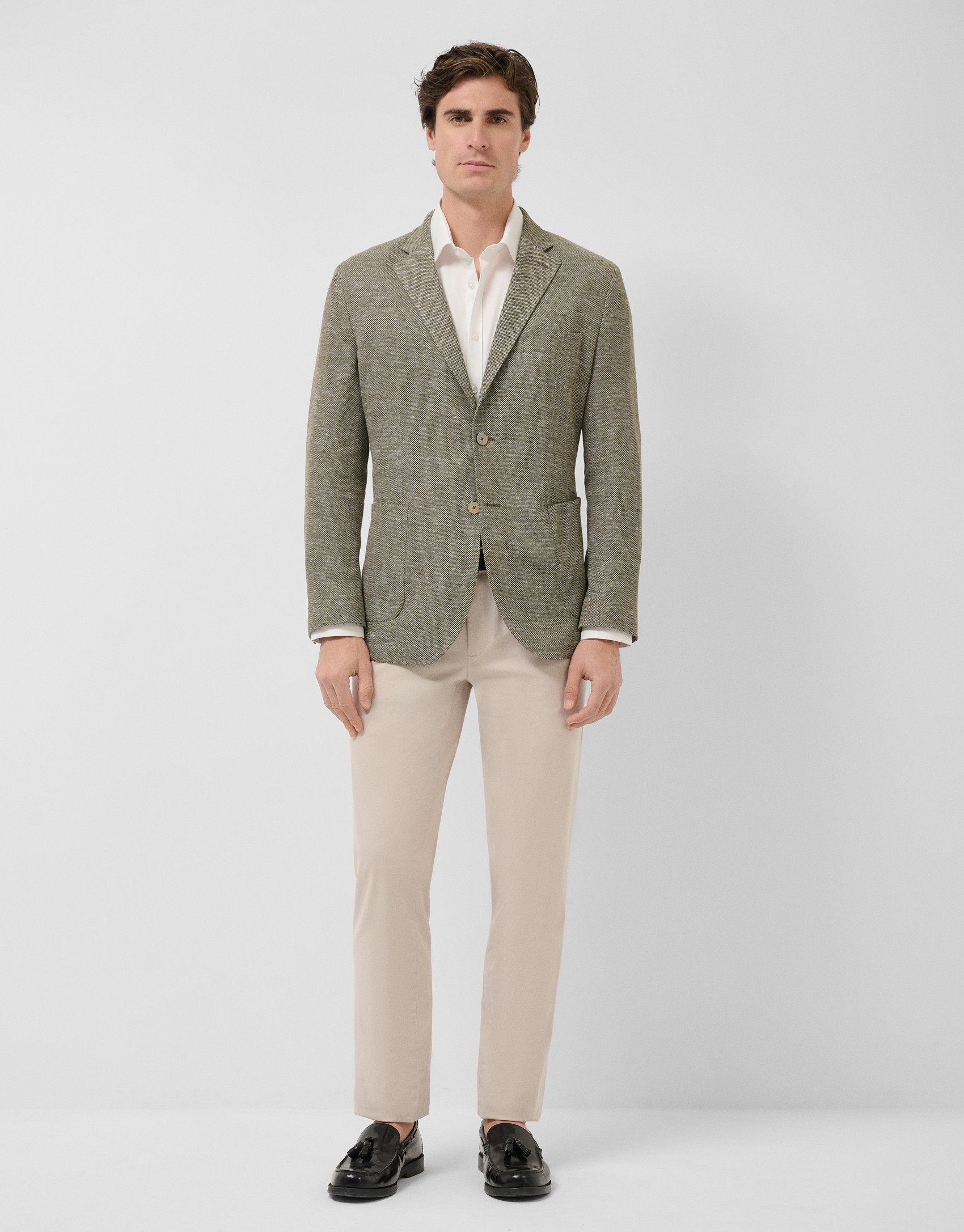 Comfort jacket in khaki/white cotton/linen knit | Roberto Verino
