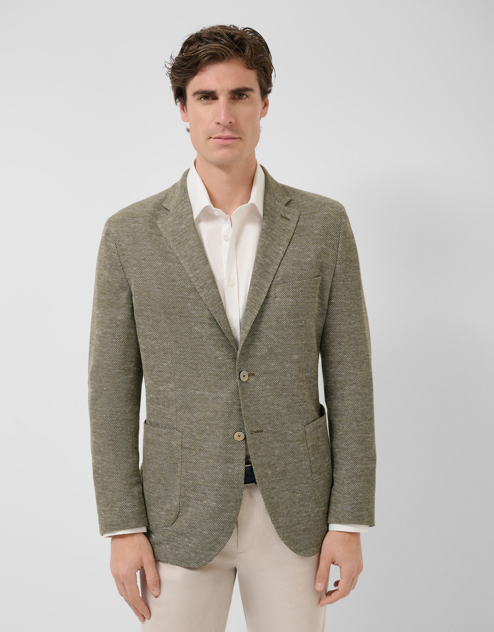 Comfort jacket in khaki/white cotton/linen knit | Roberto Verino