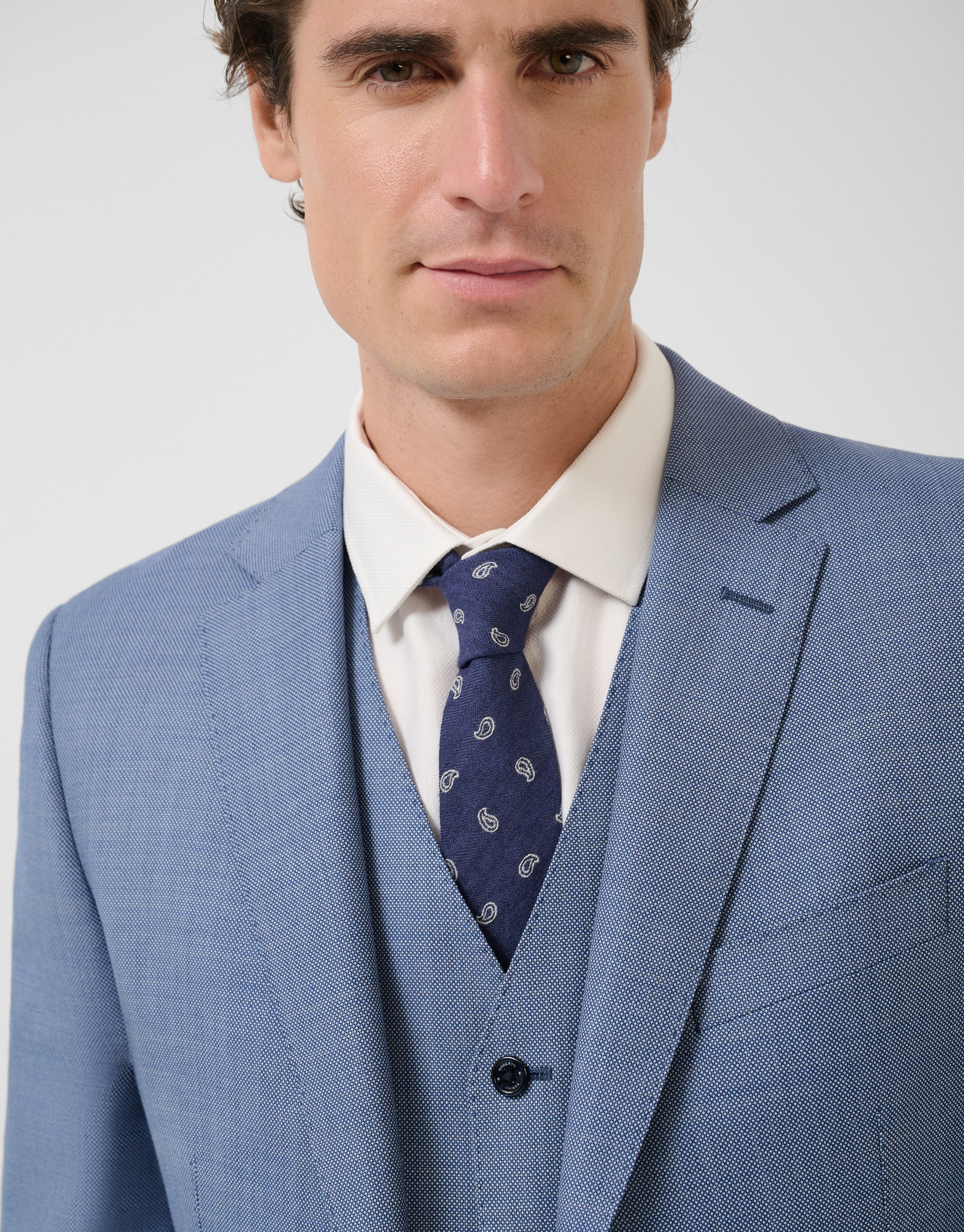 Half canvas slim fit suit in blue-grey bird's... | Roberto Verino