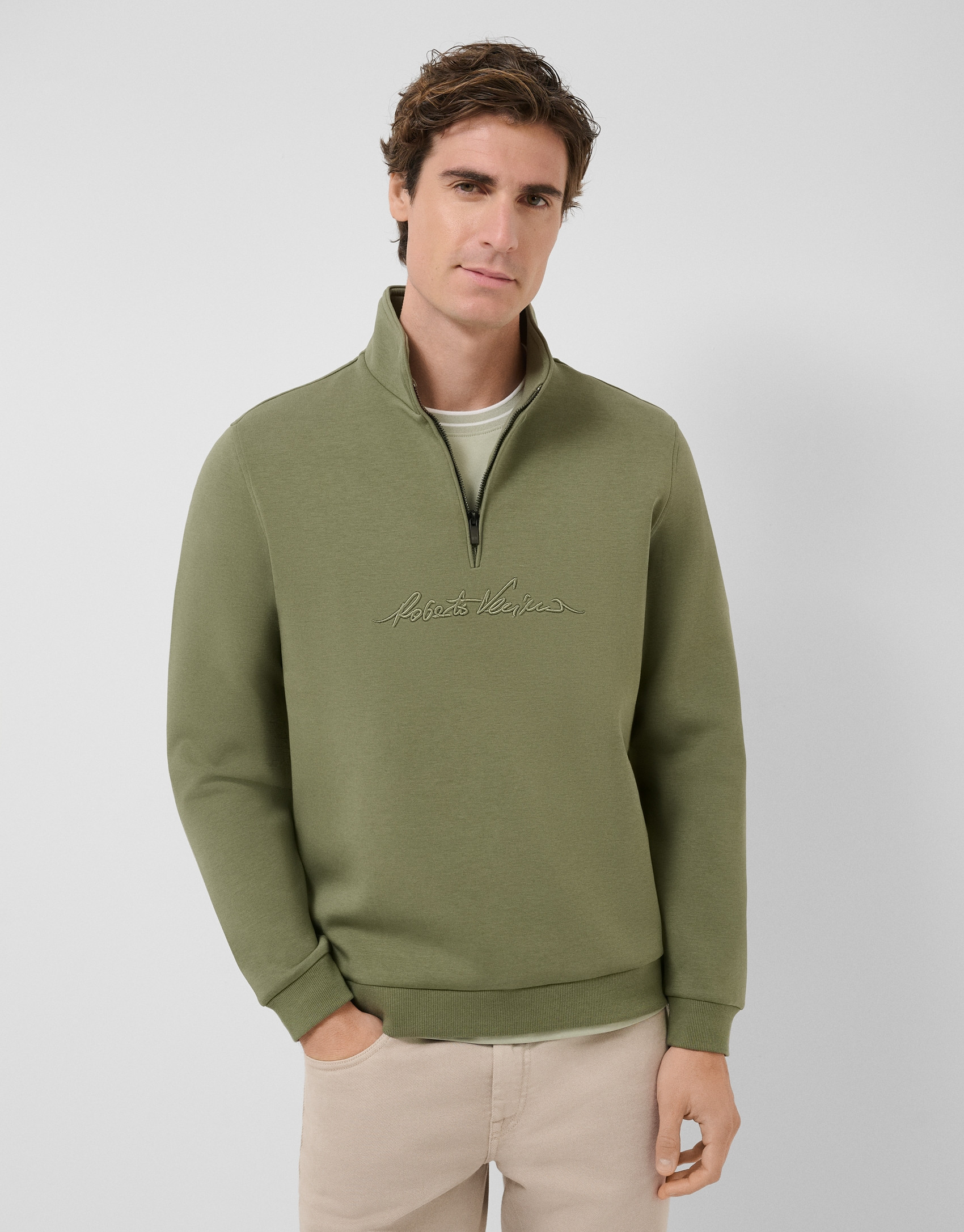 Khaki half-zip sweatshirt with chest logo - Man | Roberto Verino