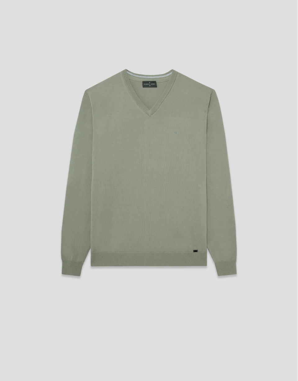 Light khaki high twist V-neck jumper - Man | Roberto Verino