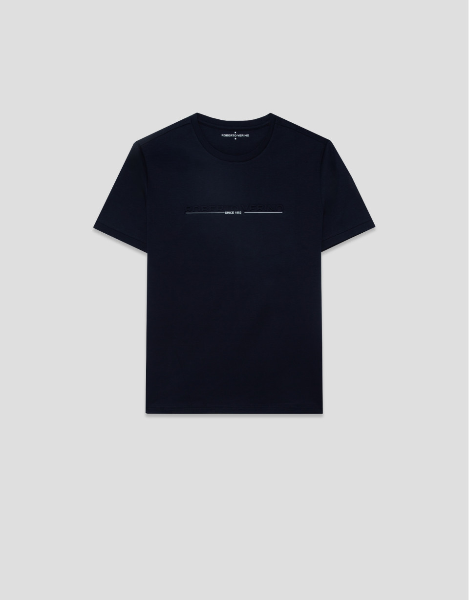 Navy blue short-sleeved T-shirt with logo on ... | Roberto Verino