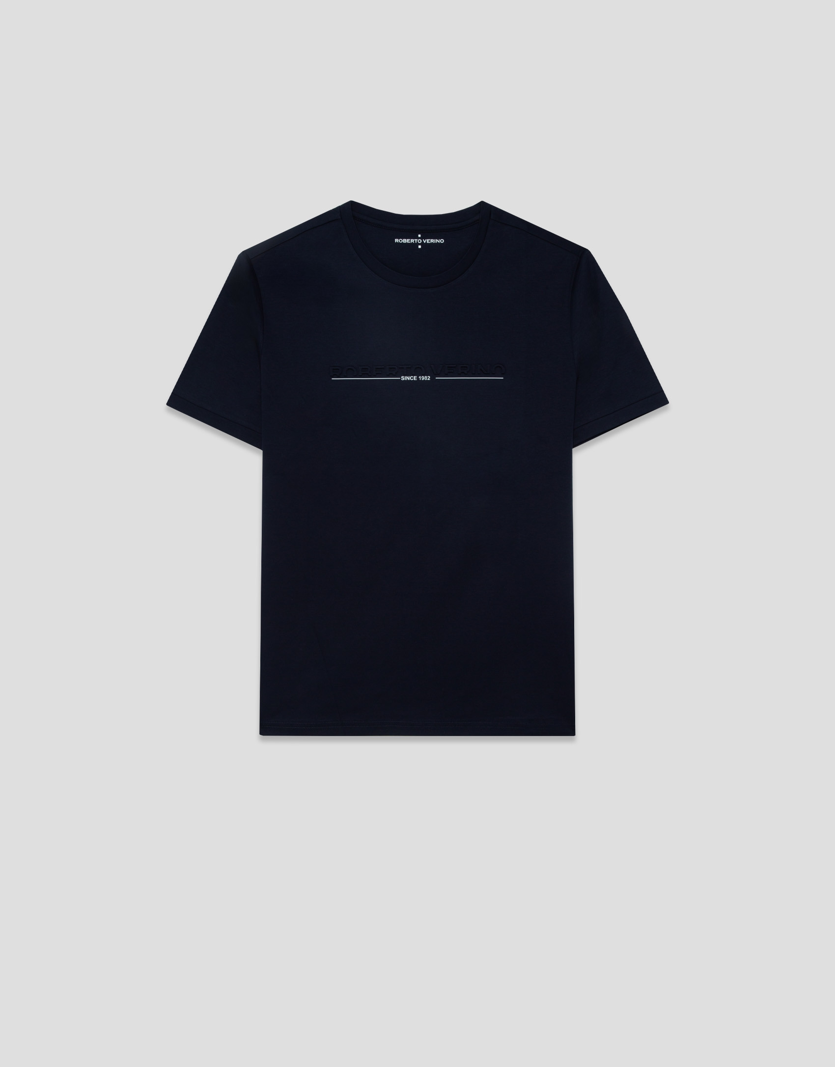 Navy blue short-sleeved T-shirt with logo on ... | Roberto Verino